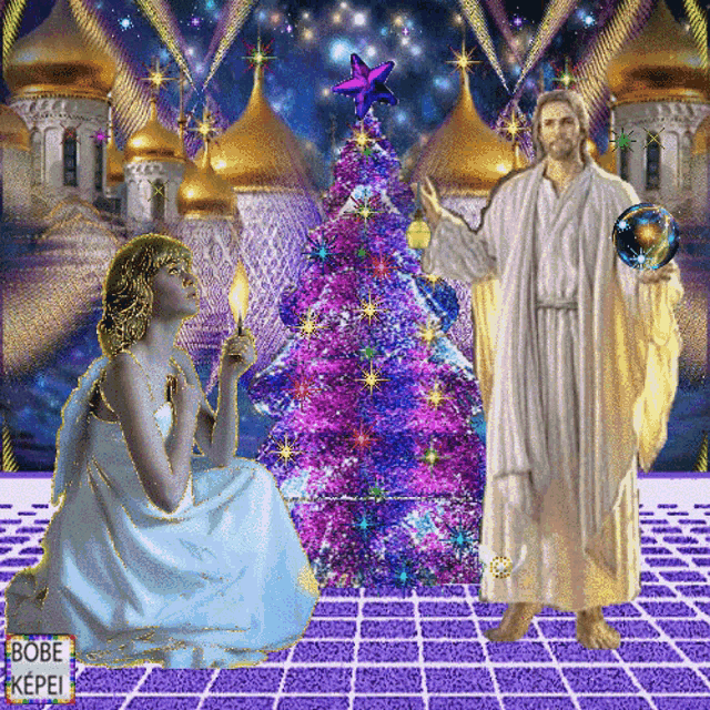 a painting of a woman kneeling next to a purple christmas tree