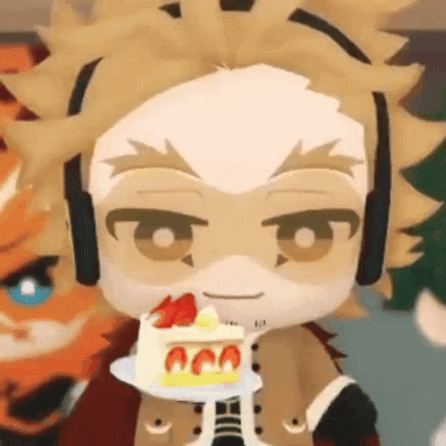 hawks from my hero academia is holding a piece of cake on a plate .
