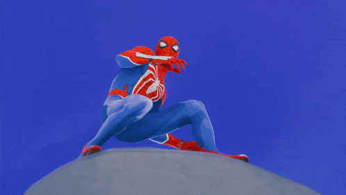 a painting of a spiderman sitting on a rock with a blue sky in the background