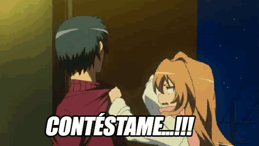 a man and a woman are standing next to each other with the words contestame written on the bottom