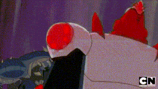 a cartoon character with red eyes and the cn logo on the bottom right