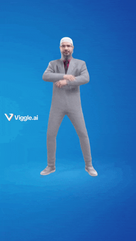 a man in a suit and tie is jumping in the air with a blue background that says viggle.ai on it