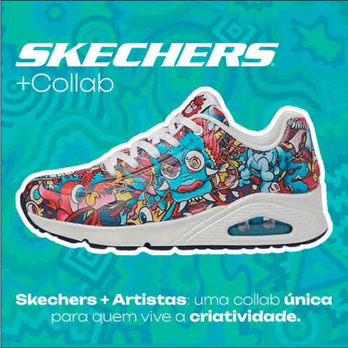 an advertisement for skechers with a colorful shoe