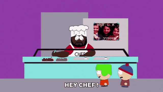 a cartoon character with a chef 's hat and apron says hey chef
