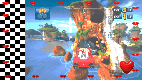 a video game shows a red car going down a waterfall with a score of 18