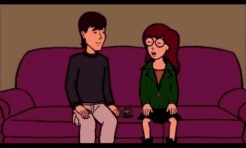 a cartoon of a man and woman sitting on a purple couch