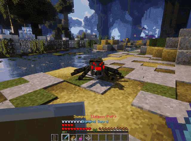 a screenshot of a minecraft game shows a spider with a red head