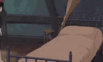 a cartoon of a woman standing next to a bed with the word good written on it