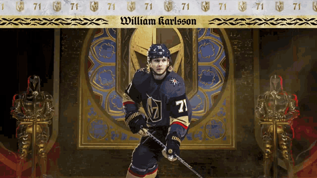 a hockey player with the number 71 on his jersey is standing in front of a wall