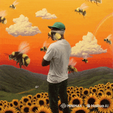 a man standing in a field of sunflowers with bees flying around