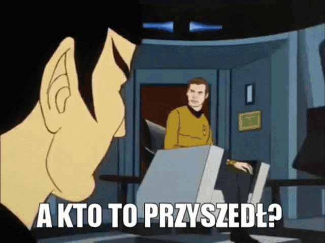 a cartoon of a man sitting in a chair with the words a kto to przyszedł written below him