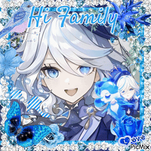 a picture of a girl with white hair and blue eyes is surrounded by blue flowers and the words hi family
