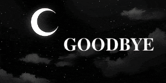 the word goodbye is on a black background with a crescent moon in the sky