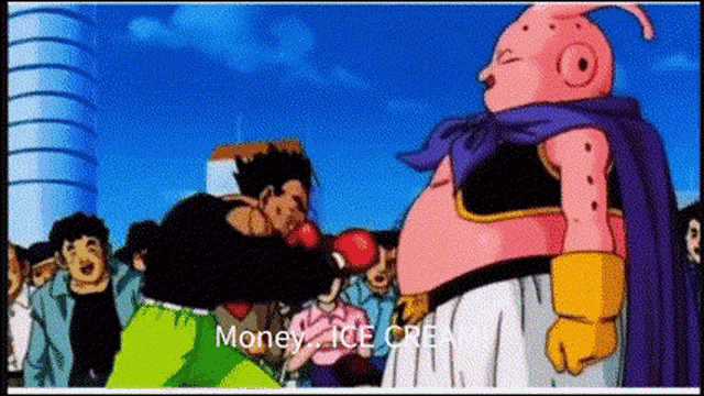 a cartoon character with the words money ice cream written below him