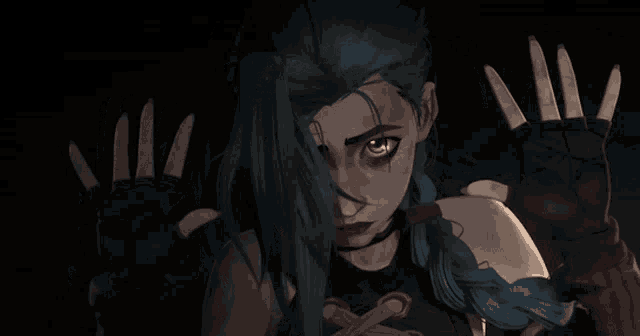 a girl with blue hair and red eyes holds her hands up in the air
