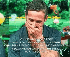 a man covering his mouth with his hands with a caption that says john is an ingrapor