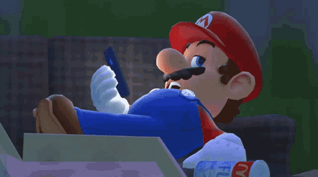 a cartoon of mario laying on a couch with a remote control