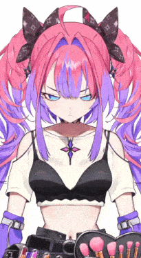 a girl with pink and purple hair is standing next to a makeup bag