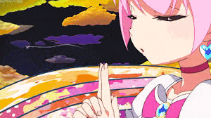 a pink haired anime girl is holding her finger to her lips .