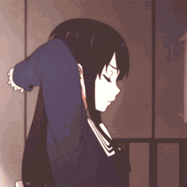 a girl with long black hair is standing with her arms outstretched and her eyes closed