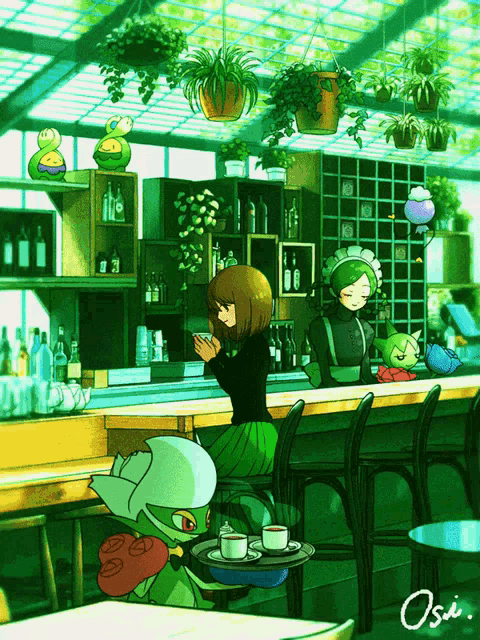 a drawing of a woman sitting at a bar with the word osi written on the bottom right