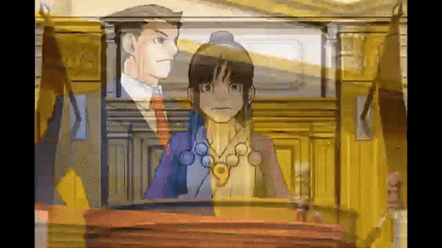 a cartoon of a man and a woman standing next to each other in a courtroom