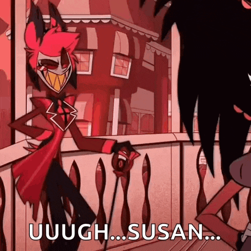a cartoon character is standing on a balcony talking to a woman and says uugh susan .
