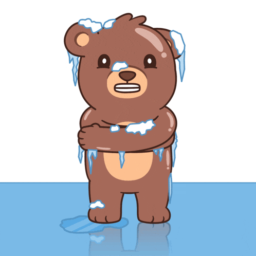 a brown teddy bear is covered in ice and standing in a puddle of water