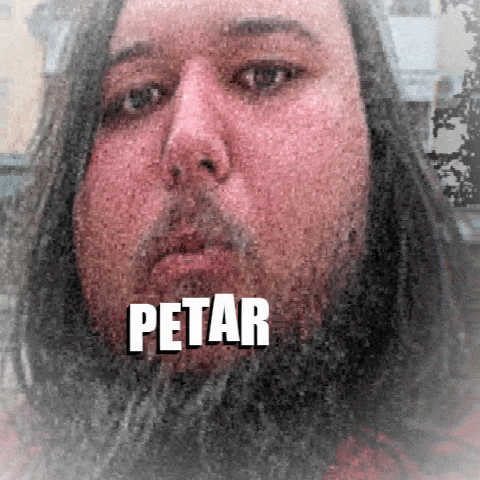 a man with long hair and a beard has the word petar written on his face