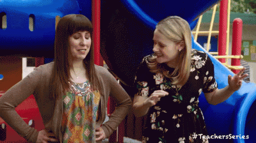 two women are standing next to each other in front of a playground with the hashtag #teachersseries on the bottom