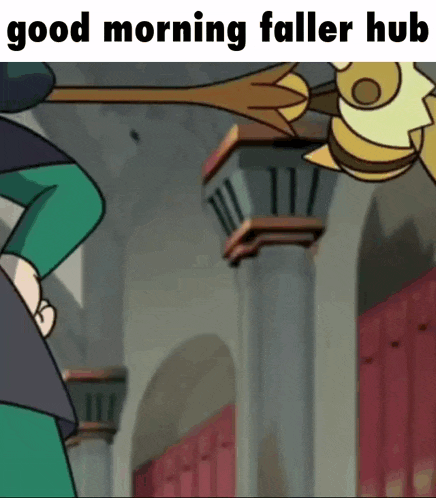 a cartoon character is standing in front of a building with the words `` good morning faller hub '' on the bottom .