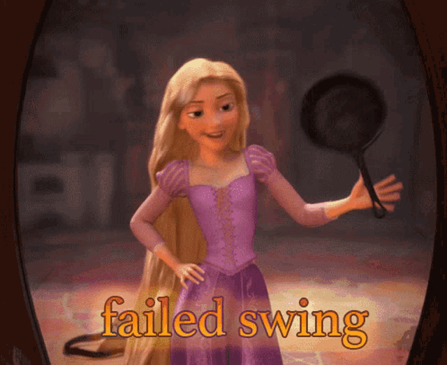 a cartoon of rapunzel holding a frying pan with the words " failed swing " above her
