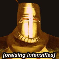 a knight with a cross on his helmet is praising intensities .