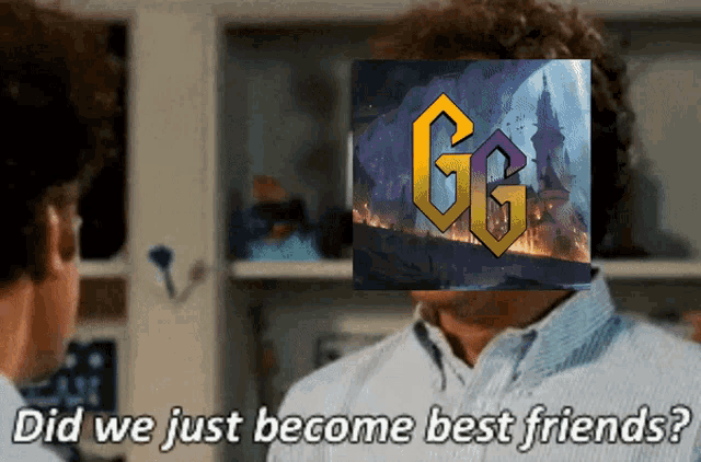 a man is looking at himself in the mirror with a picture of a castle and the letters gg on his face