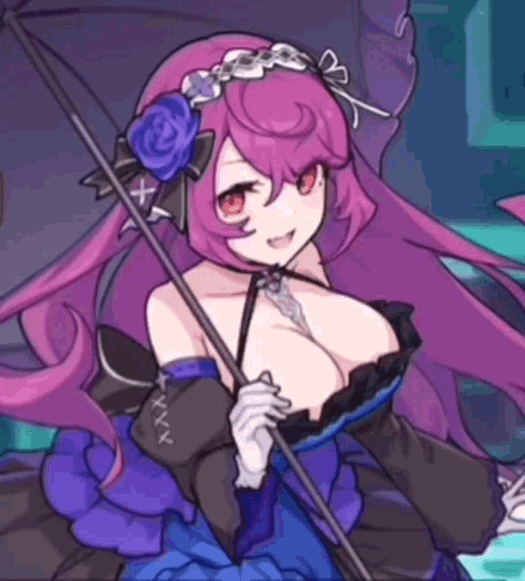 a girl with purple hair is holding an umbrella in her hand
