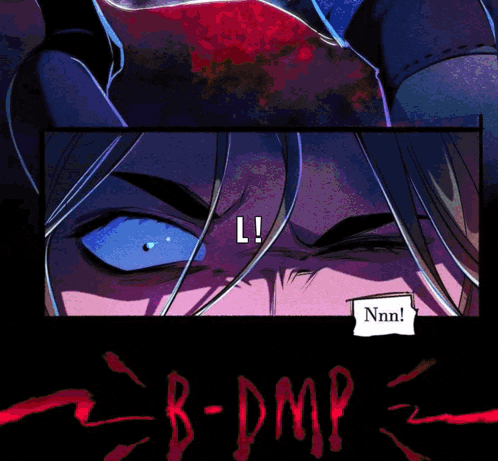 a close up of a person 's face with the words b-dmp written in red