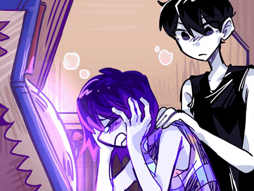 a drawing of a girl with purple hair looking at a mirror
