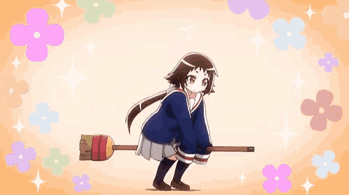 a girl in a school uniform is flying on a broomstick surrounded by flowers .