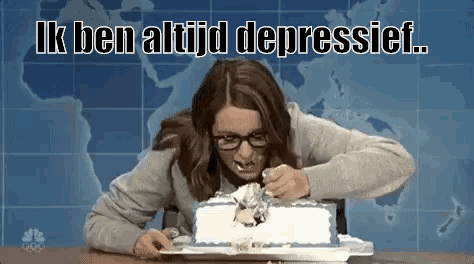 a woman is sitting at a table eating a cake with a caption that says ik ben altijd depressief