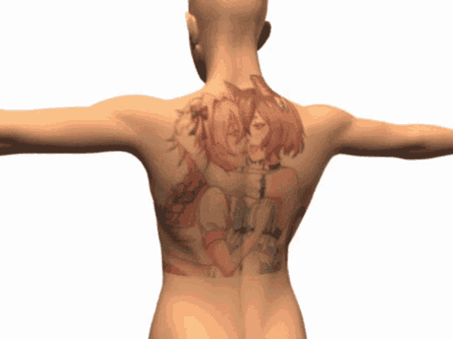 a woman 's back has a tattoo of two girls hugging