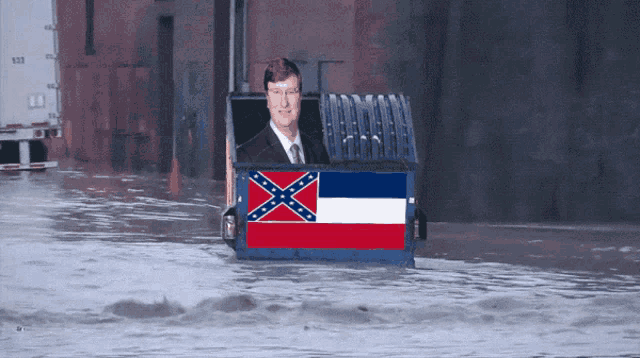 a man in a garbage can with a confederate flag on it
