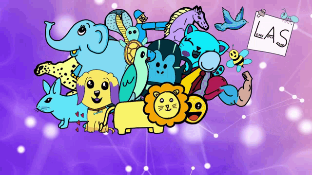 a bunch of cartoon animals with a sign that says las above them