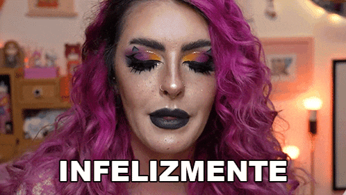 a woman with purple hair is making a funny face with the word infelizmente behind her