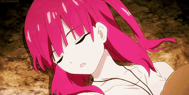 a girl with pink hair is laying down with her eyes closed and the words seijougara visible