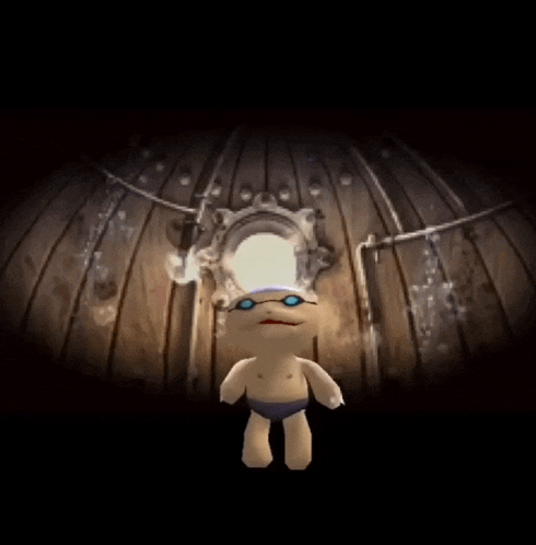 a stuffed animal is standing in front of a wooden wall