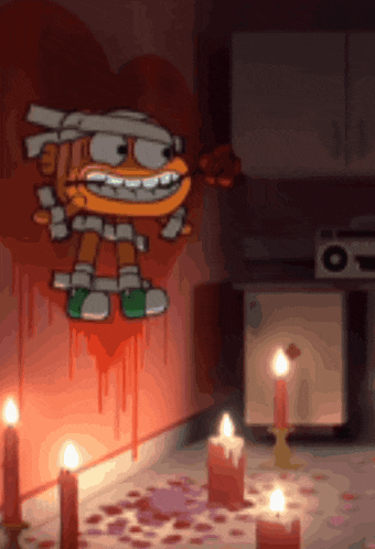 a cartoon character with a bandage on his head stands in a room with candles