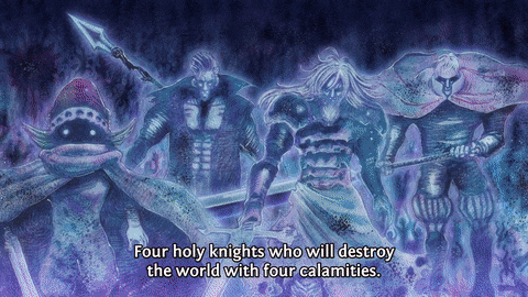 four holy knights who will destroy the world with four calamities written on a purple background