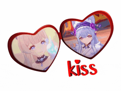 two red hearts with a picture of a girl and the word kiss below them