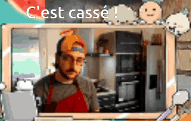 a pixelated image of a man in an apron with the words c'est casse