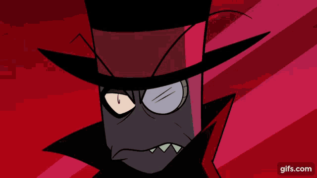 a close up of a cartoon character wearing a top hat and glasses with sharp teeth .